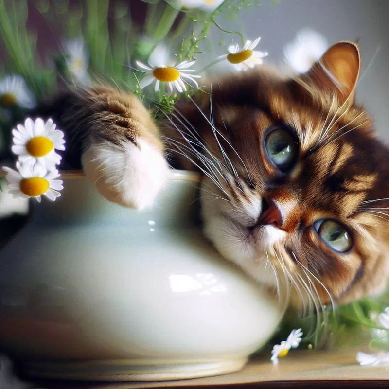 cat with chamomile tea