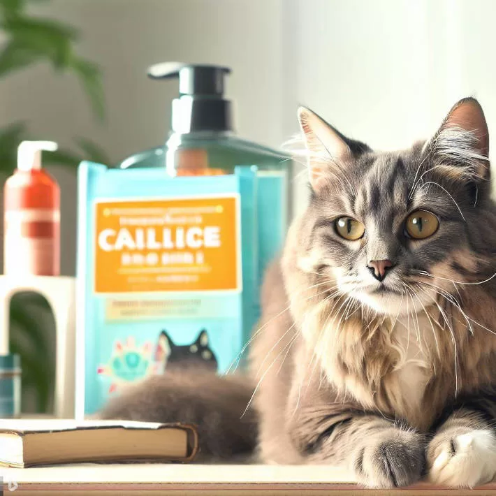 gray cat lying next to pet care products. Cat Care: The Complete Guide to a Healthy Feline