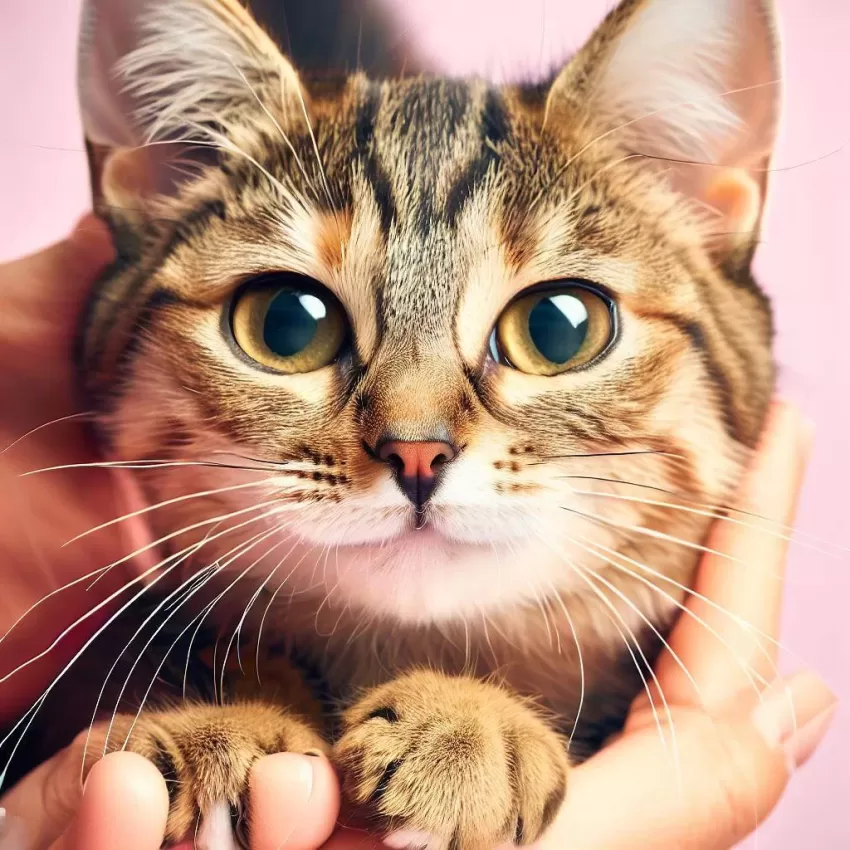 cat with big eyes being held by his owner, he is happy and very beautiful. Cat Care: The Complete Guide to a Healthy Feline